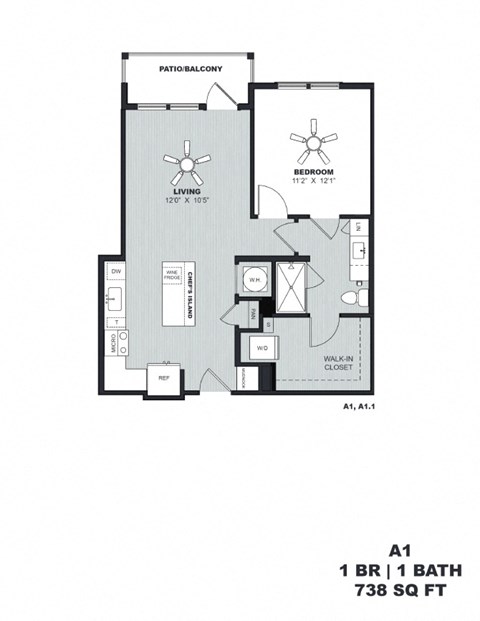 Floor plan for 1 bed, 1 bath, 738 sqft